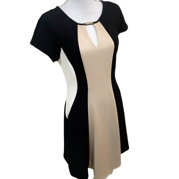 Sandra Darren short sleeve color block black/tan/cream fit & flare dress size 12 - Picture 1 of 11